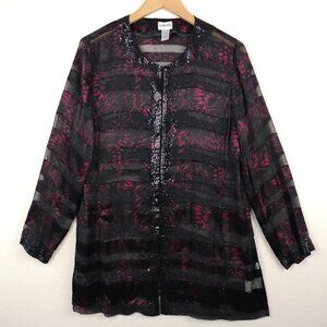 Chicos Tunic Womens Sz 2 Silk Blend Black Purple Burn Out Sequins Whimsigoth Top